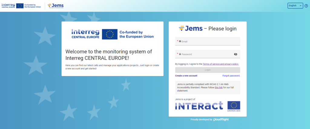 Log in screenshot from Jems monitoring platform