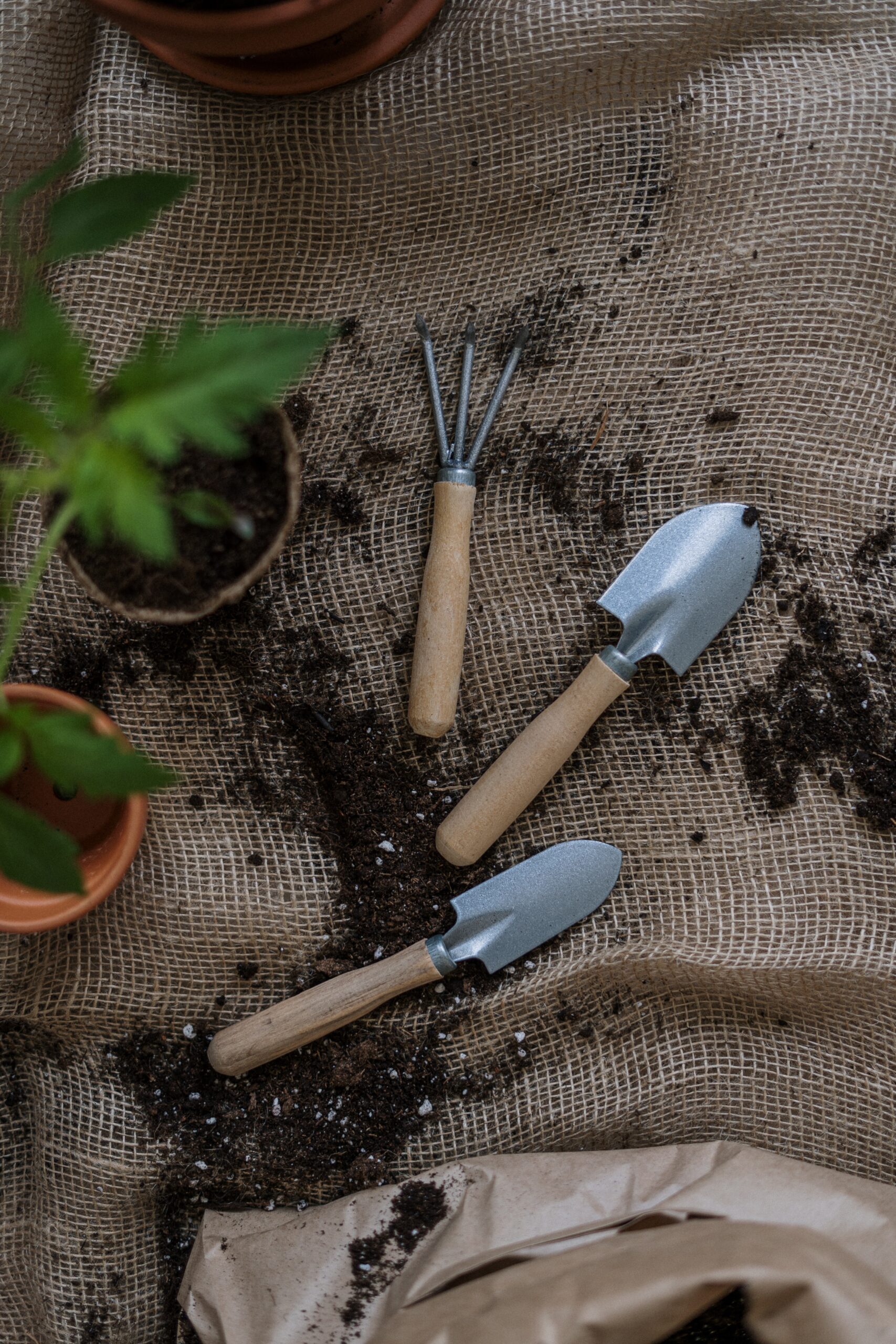 fork and spatula on jute background