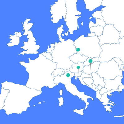 Europe with markers on the pilot area of activity 1.1 of d4pack