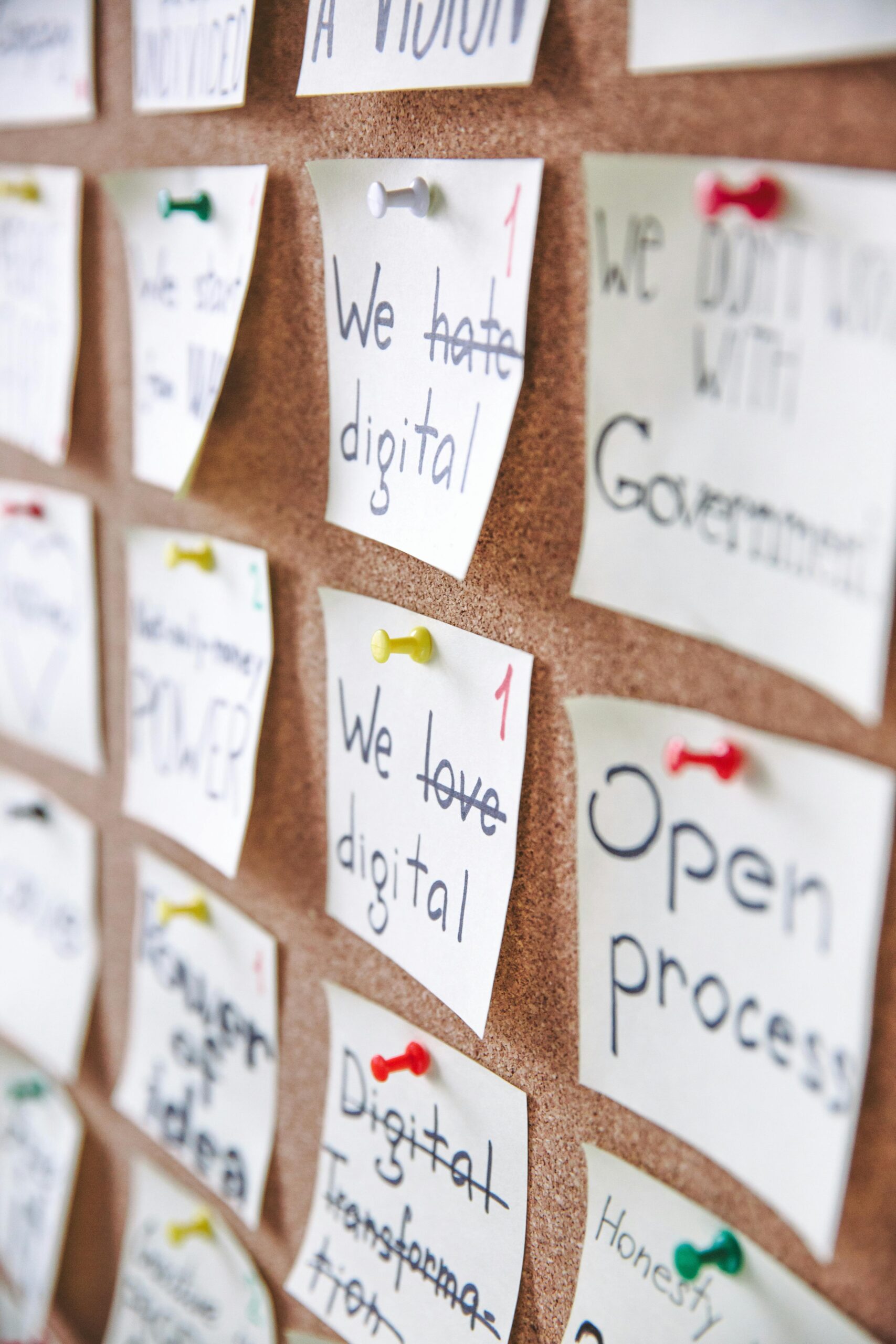 Some post-its on a board. Polina Zimmerman: https://www.pexels.com/hu-hu/foto/iras-jegyzetek-uzlet-papir-3782236/