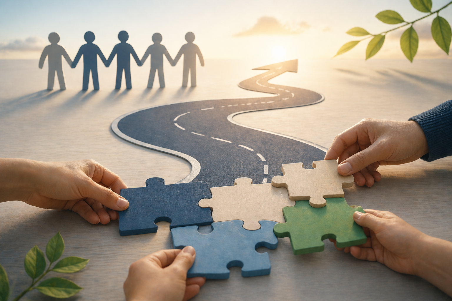 Putting puzzles together and going down the road together.