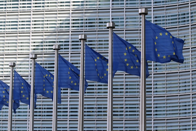 blue-and-white-flags-on-pole-with EU flags