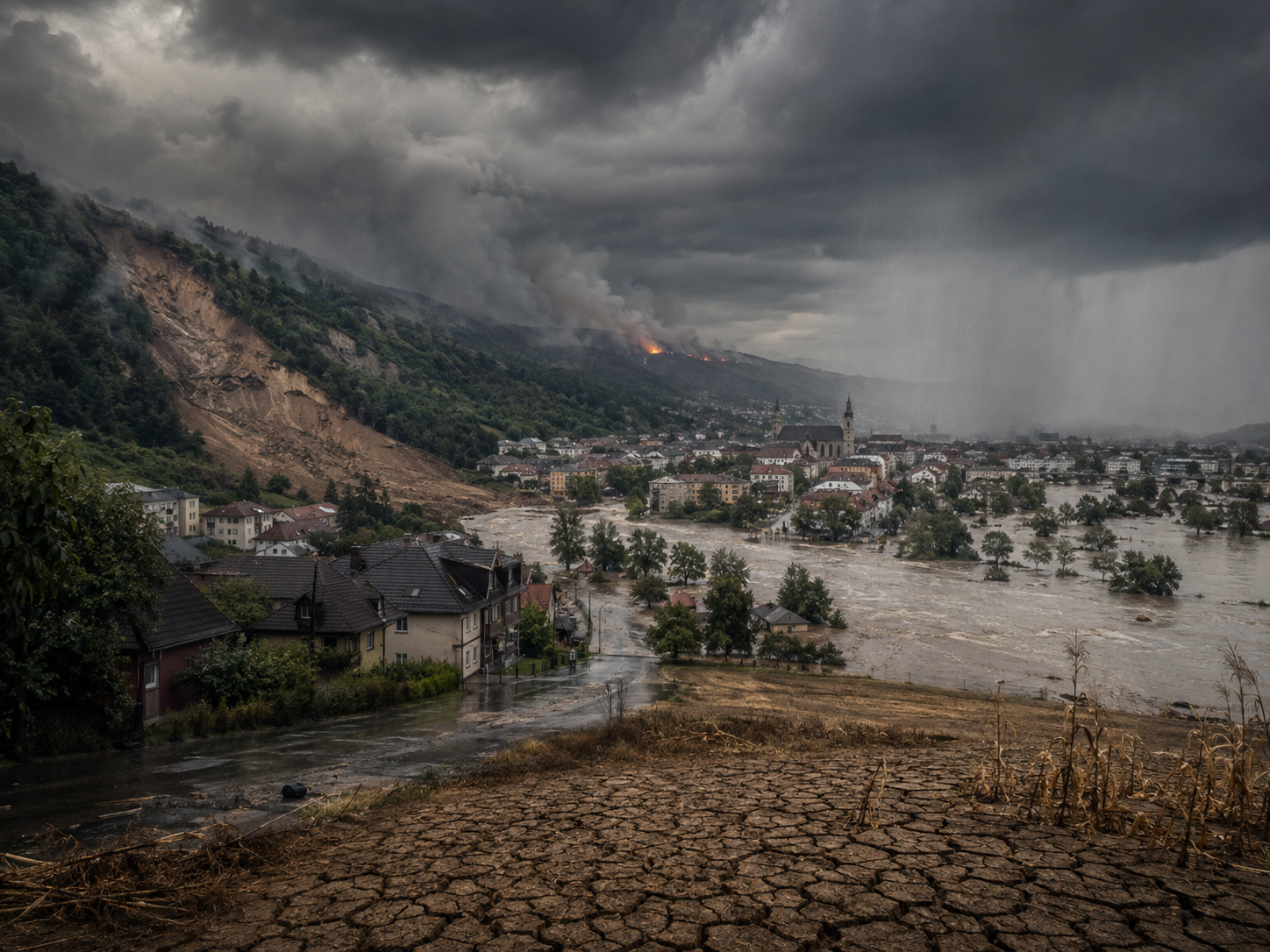 OpenAI. (2026). Compound climate hazards affecting a Central European community [AI-generated image]. ChatGPT. Generated 4 August 202