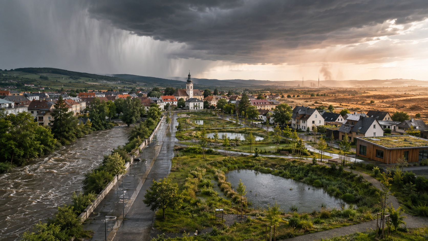 OpenAI. (2026). Extreme weather and resilient landscape in a Central European town [AI-generated image]. ChatGPT. Generated 4 August 2026.
