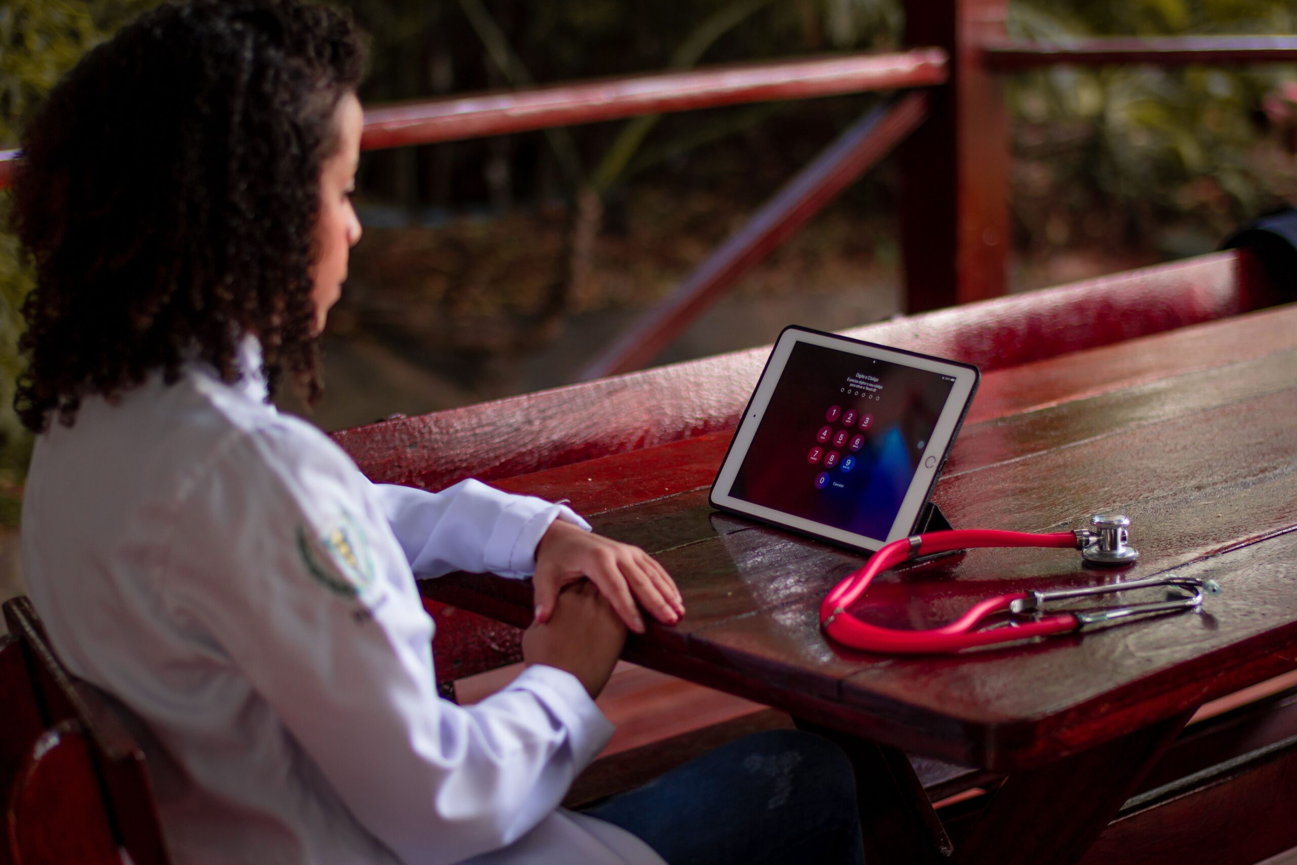 Young woman looking at the laptop