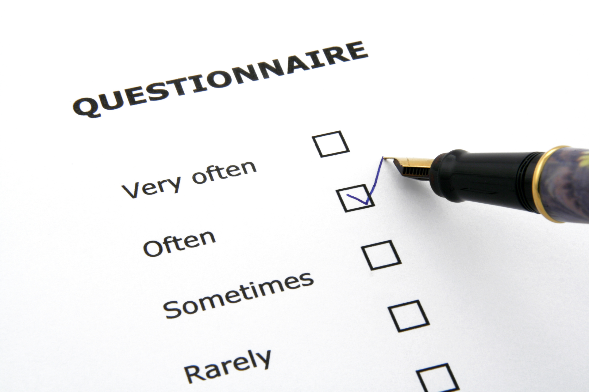 A questionnaire with often being checked in blue ink
